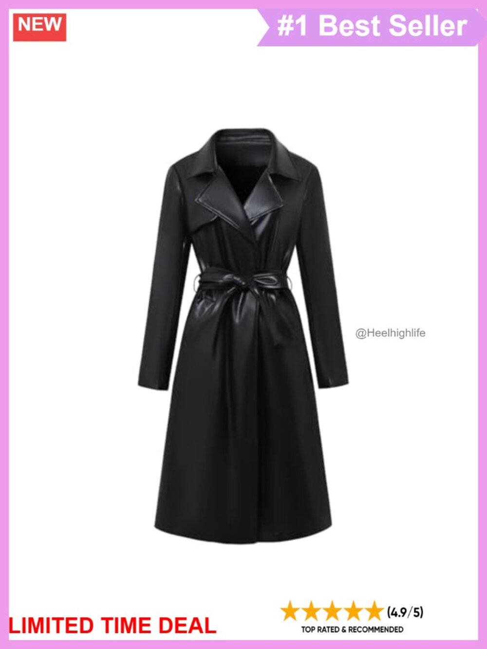 Women's PU Leather Trench Coat Long Belted Motorcycle Biker Jacket
